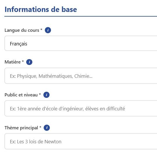 Capture d'écran : Informations de base — langue, matière, public, thème