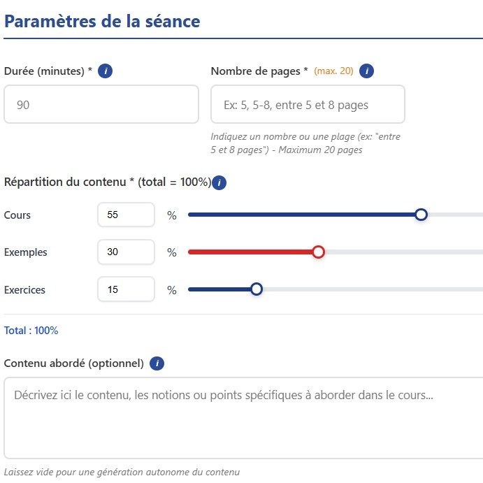 Capture d'écran : Paramètres de la séance avec la jauge de répartition cours/exemples/exercices