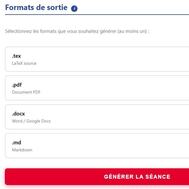 Capture d'écran : sélection des formats de sortie .tex .pdf .docx .md
